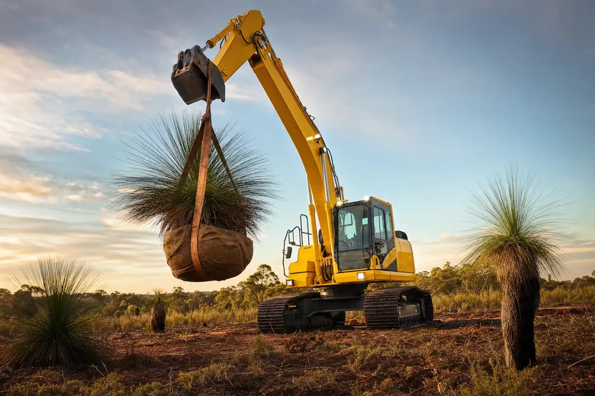 Grass tree harvesting in Perth - 50 grass trees lifted and relocated using a Komatsu excavator