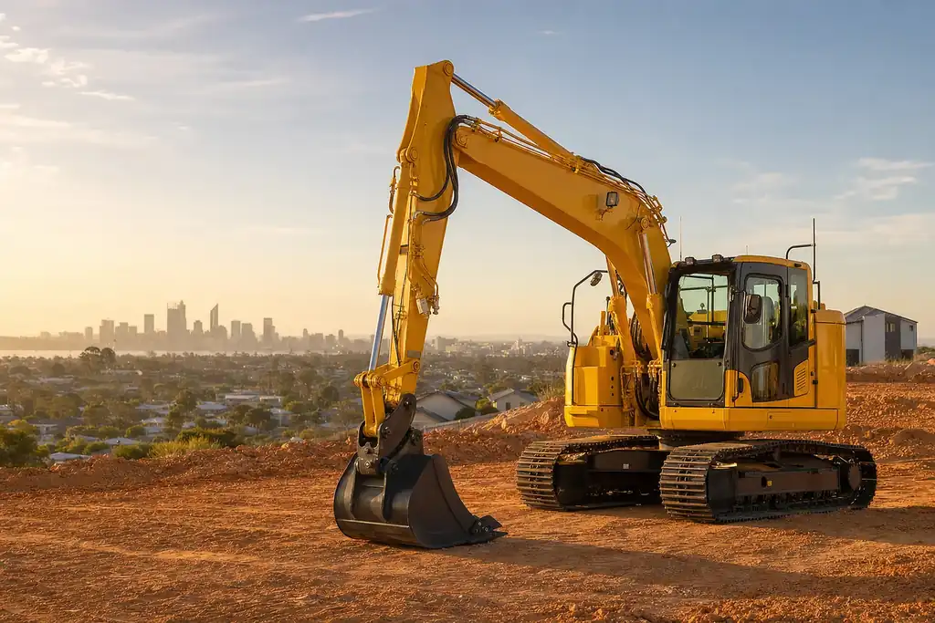 Komatsu PC138US-11 excavator on a Perth site with the city skyline behind it